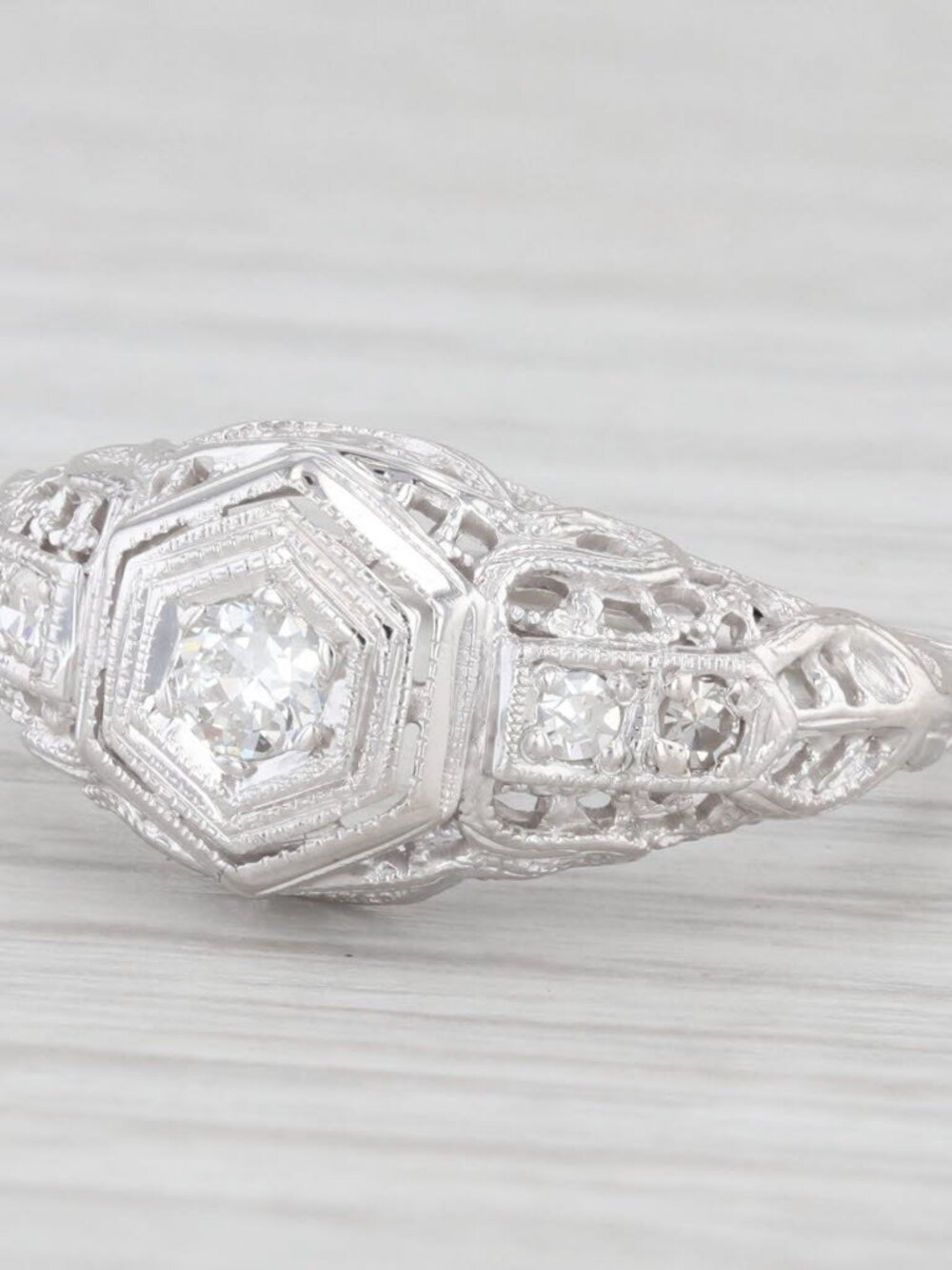 0.16ct Diamond Filigree Ring 18k White Gold Size 6.25 Vintage Engagement